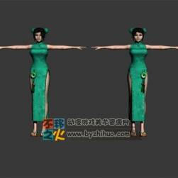 御姐 包子頭 少女 綠色 旗袍T-pose模型