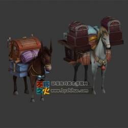 Donkey and Horse 馱著貨物的毛驢和馬 Max模型